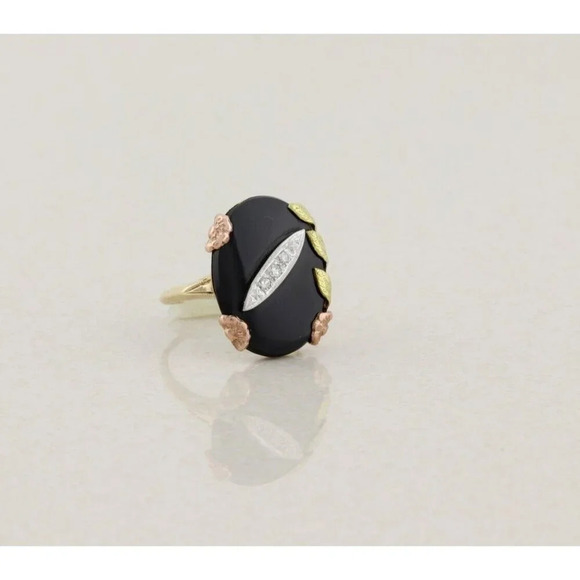 10k Yellow Gold Natural Onyx & Diamond Ring Size 6 1/4 - Picture 3 of 7